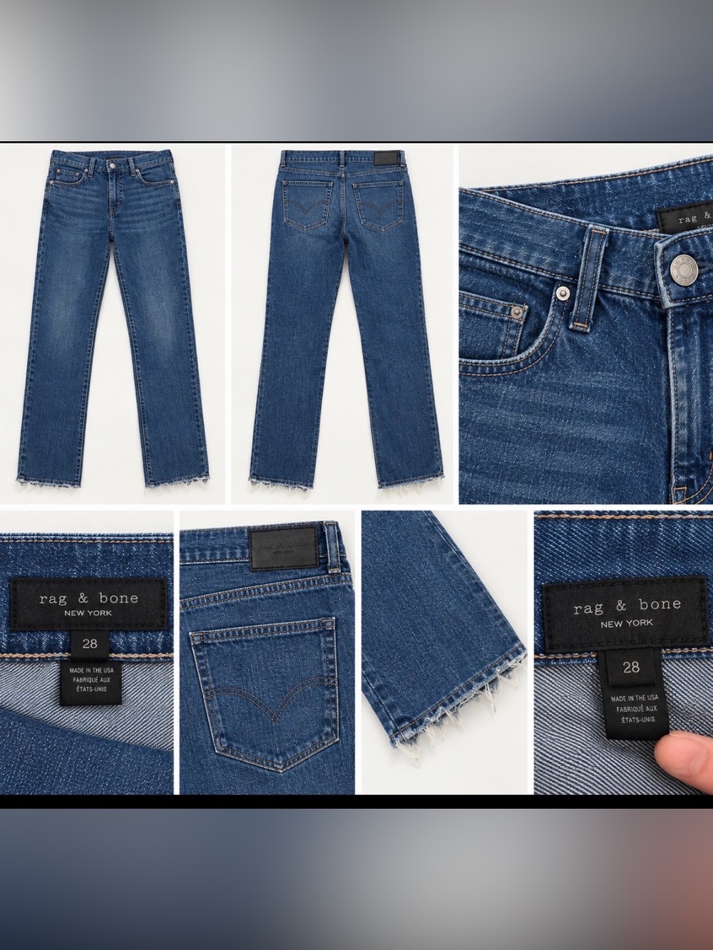 rag & bone Mid-Blue Straight-Leg Jeans with Raw Hem
